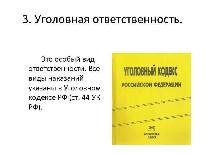 3. Уголовная ответственность. Это особый вид ответственности. Все виды наказаний указаны в Уголовном кодексе