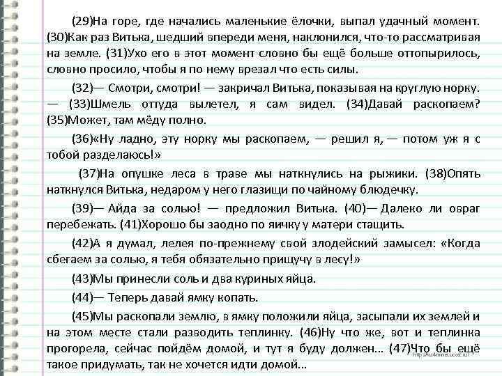 (29)На горе, где начались маленькие ёлочки, выпал удачный момент. (30)Как раз Витька, шедший впереди