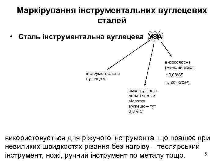 Маркірування інструментальних вуглецевих сталей • Сталь інструментальна вуглецева У 8 А високоякісна (менший вміст: