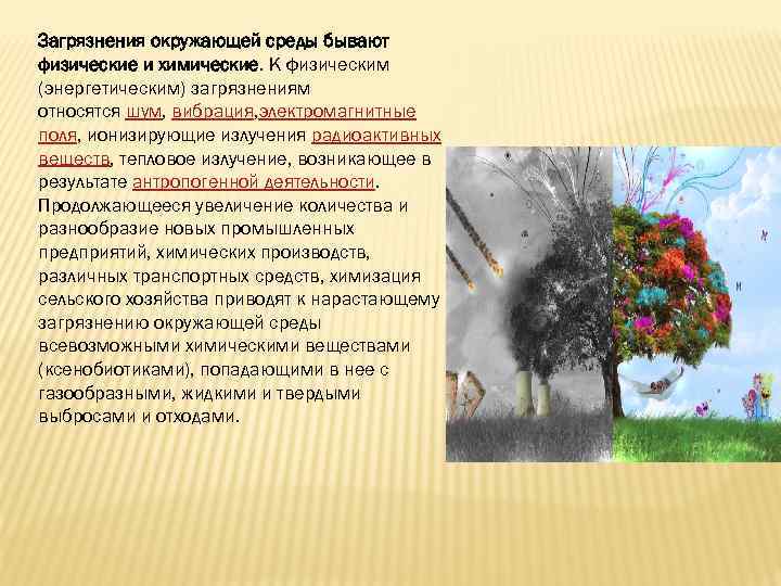 Загрязнения окружающей среды бывают физические и химические. К физическим (энергетическим) загрязнениям относятся шум, вибрация,