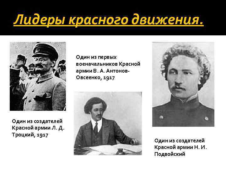 Лидеры движения. Лидеры красного движения в гражданской войне. Лидеры белого движения Фрунзе. Троцкий Лидер красного движения. Лидеры красного движения 1917.