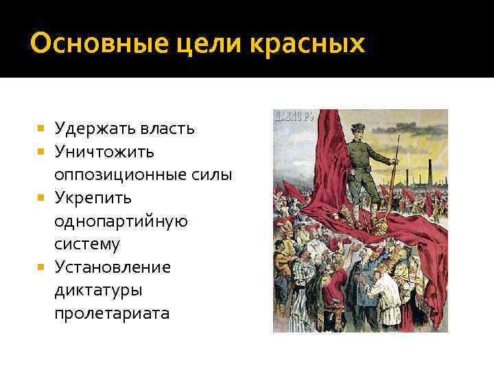 Основные цели красных Удержать власть Уничтожить оппозиционные силы Укрепить однопартийную систему Установление диктатуры пролетариата