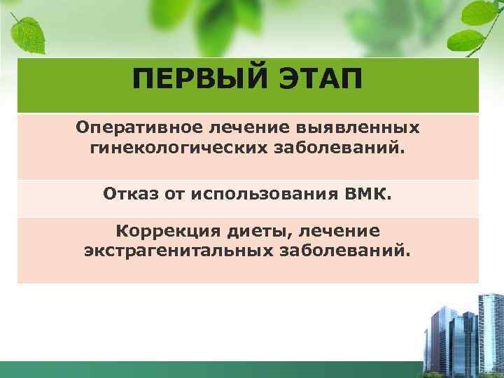 ПЕРВЫЙ ЭТАП Оперативное лечение выявленных гинекологических заболеваний. Отказ от использования ВМК. Коррекция диеты, лечение