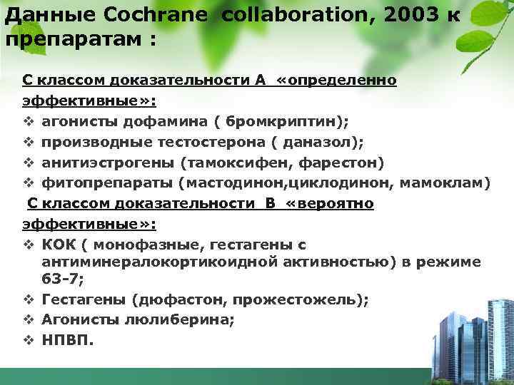 Данные Cochrane collaboration, 2003 к препаратам : С классом доказательности А «определенно эффективные» :