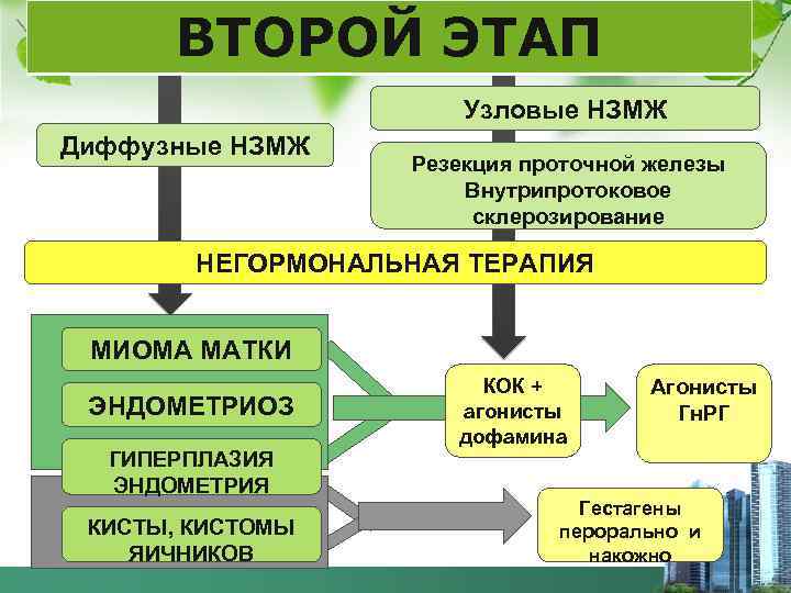 ВТОРОЙ ЭТАП Узловые НЗМЖ Диффузные НЗМЖ Резекция проточной железы Внутрипротоковое склерозирование НЕГОРМОНАЛЬНАЯ ТЕРАПИЯ МИОМА