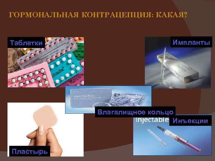 ГОРМОНАЛЬНАЯ КОНТРАЦЕПЦИЯ: КАКАЯ? Таблетки Импланты Влагалищное кольцо Инъекции Пластырь 