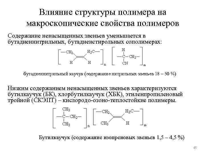 Влияние структуры полимера на макроскопические свойства полимеров Содержание ненасыщенных звеньев уменьшается в бутадиеннитрильных, бутадиенстирольных