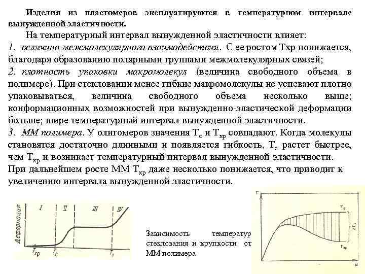 Изделия из пластомеров эксплуатируются в температурном интервале вынужденной эластичности. На температурный интервал вынужденной эластичности