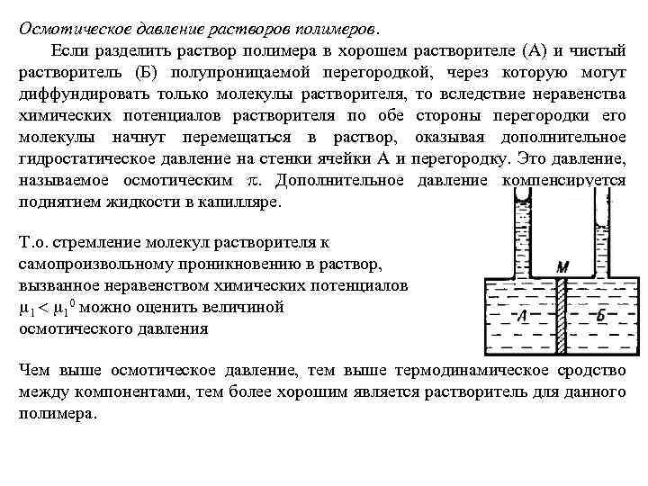 Осмотическое давление растворов полимеров. Если разделить раствор полимера в хорошем растворителе (А) и чистый