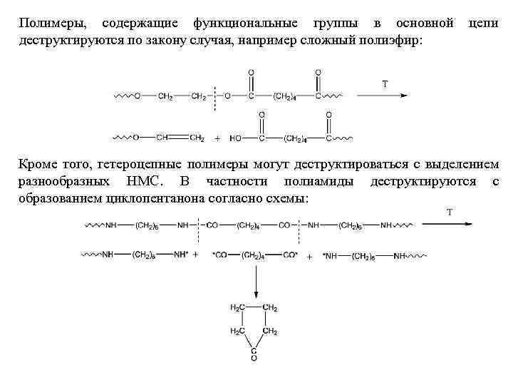 Полимеры, содержащие функциональные группы в основной деструктируются по закону случая, например сложный полиэфир: цепи