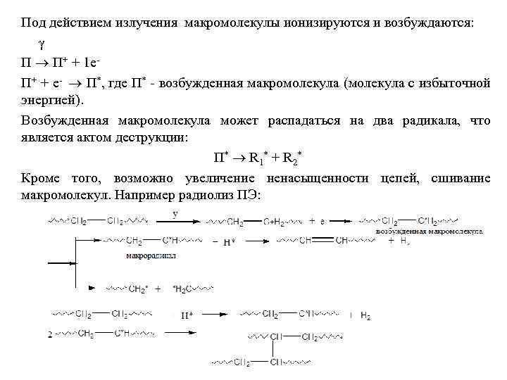 Под действием излучения макромолекулы ионизируются и возбуждаются: g П ® П+ + 1 е.