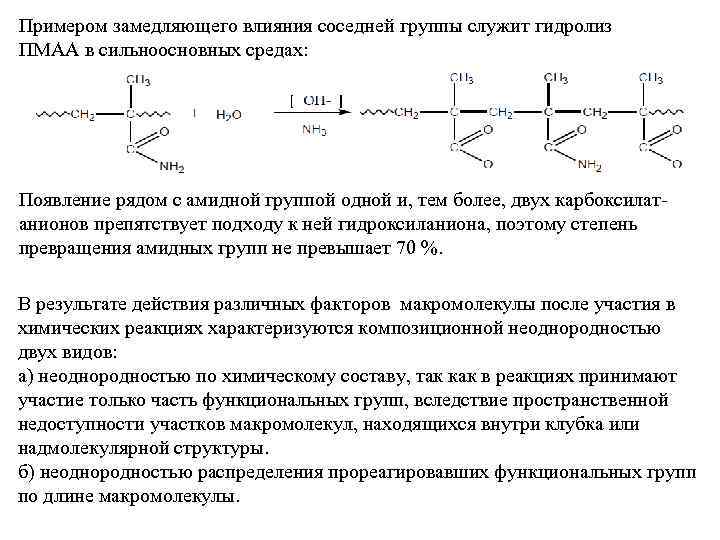 Примером замедляющего влияния соседней группы служит гидролиз ПМАА в сильноосновных средах: Появление рядом с