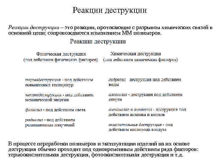 Реакции деструкции – это реакции, протекающие с разрывом химических связей в основной цепи; сопровождаются