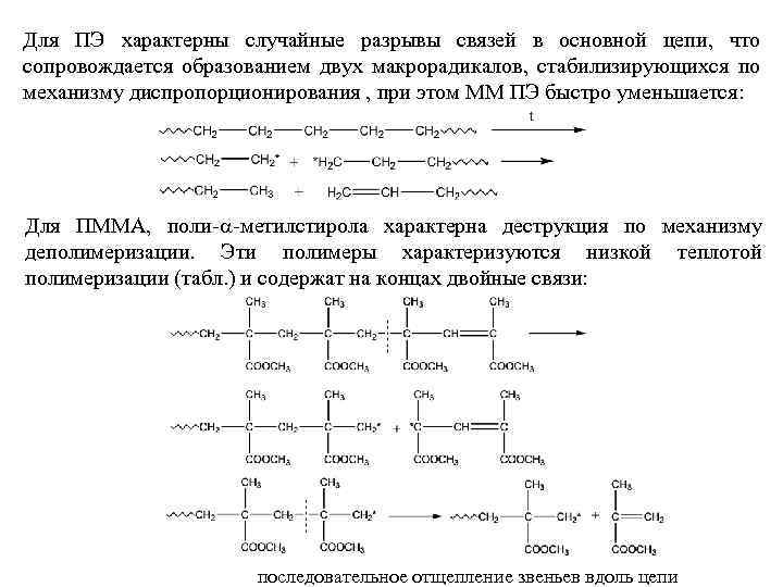 Для ПЭ характерны случайные разрывы связей в основной цепи, что сопровождается образованием двух макрорадикалов,