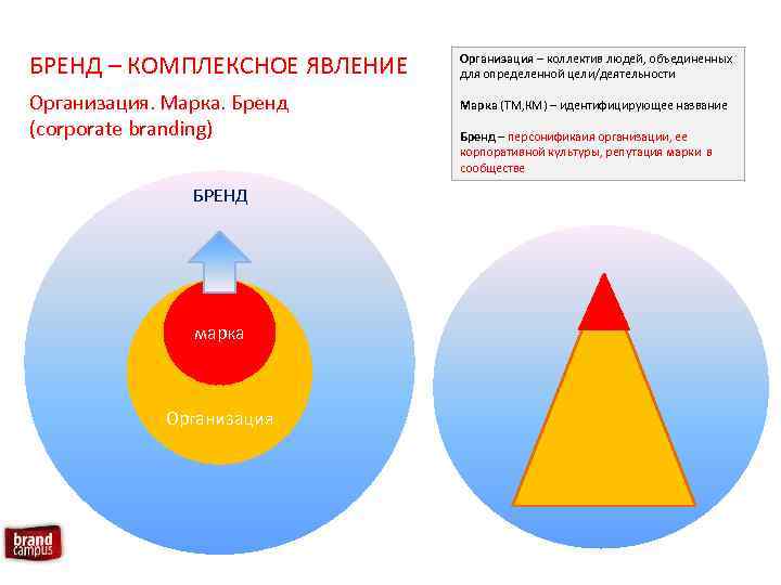 БРЕНД – КОМПЛЕКСНОЕ ЯВЛЕНИЕ Организация. Марка. Бренд (corporate branding) БРЕНД марка Организация – коллектив