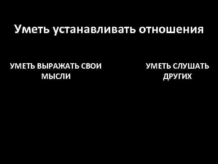 Уметь устанавливать отношения УМЕТЬ ВЫРАЖАТЬ СВОИ МЫСЛИ УМЕТЬ СЛУШАТЬ ДРУГИХ 
