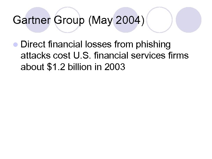 Gartner Group (May 2004) l Direct financial losses from phishing attacks cost U. S.