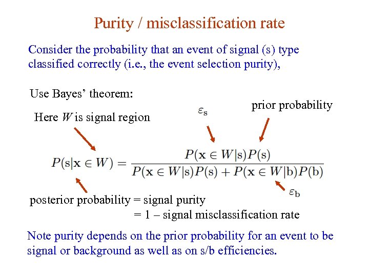 Purity / misclassification rate Consider the probability that an event of signal (s) type
