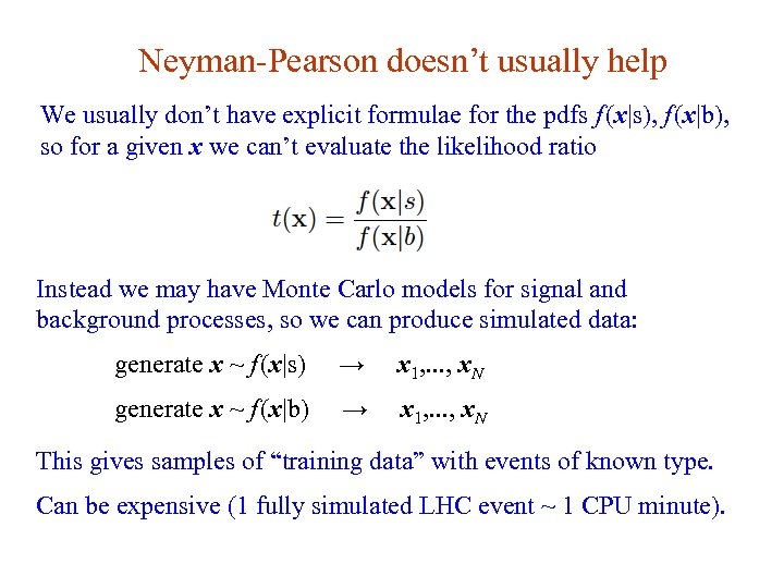 Neyman-Pearson doesn’t usually help We usually don’t have explicit formulae for the pdfs f