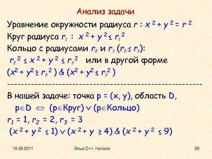 Анализ задачи Уравнение окружности радиуса r : x 2 + y 2 = r