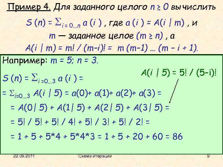 Пример 4. Для заданного целого n ≥ 0 вычислить S (n) = i =