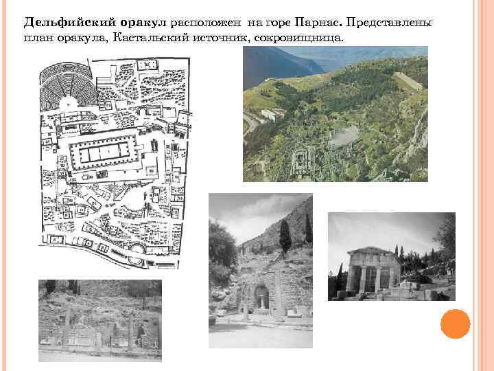 Дельфийский оракул расположен на горе Парнас. Представлены план оракула, Кастальский источник, сокровищница. 