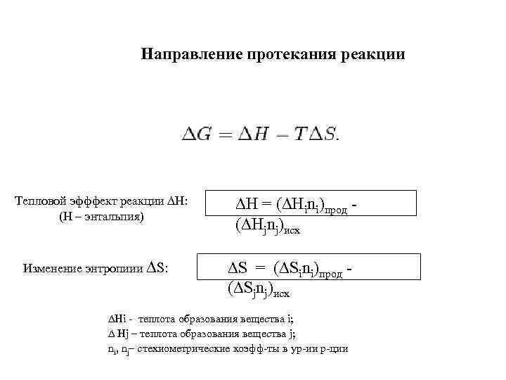 Направление протекания реакции Тепловой эфффект реакции ∆Н: (Н – энтальпия) Изменение энтропиии ∆S: ∆H