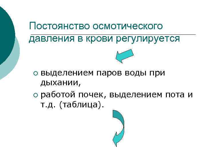 Постоянство осмотического давления в крови регулируется выделением паров воды при дыхании, ¡ работой почек,