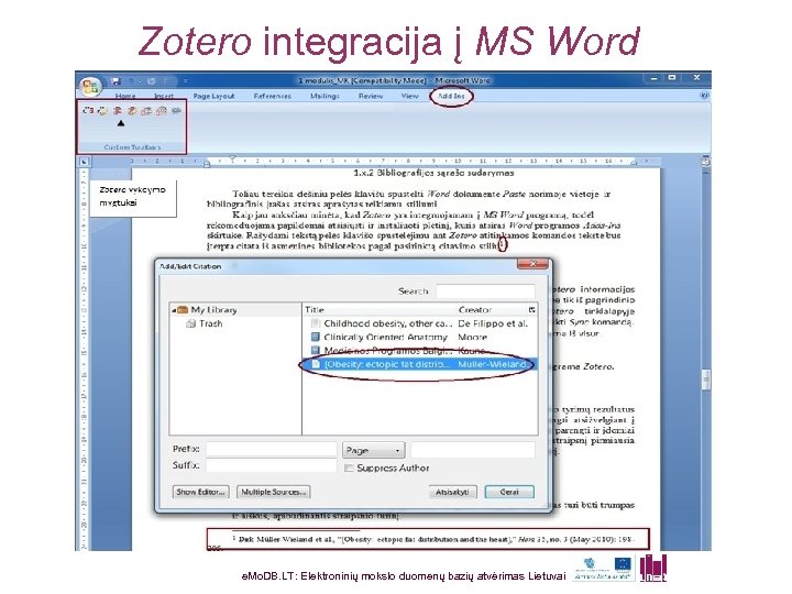Zotero integracija į MS Word e. Mo. DB. LT: Elektroninių mokslo duomenų bazių atvėrimas