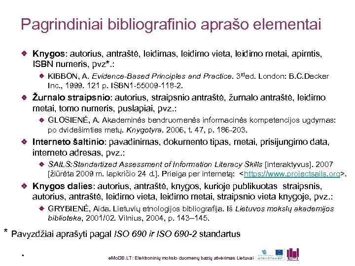 Pagrindiniai bibliografinio aprašo elementai Knygos: autorius, antraštė, leidimas, leidimo vieta, leidimo metai, apimtis, ISBN