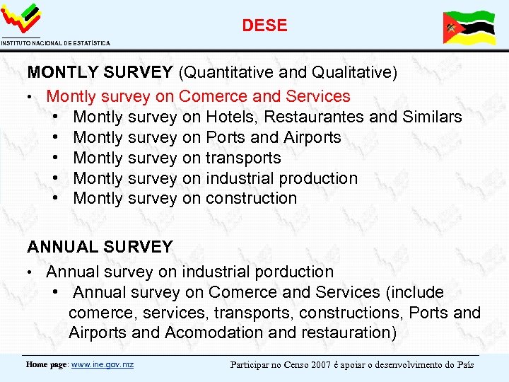 DESE INSTITUTO NACIONAL DE ESTATÍSTICA MONTLY SURVEY (Quantitative and Qualitative) • Montly survey on