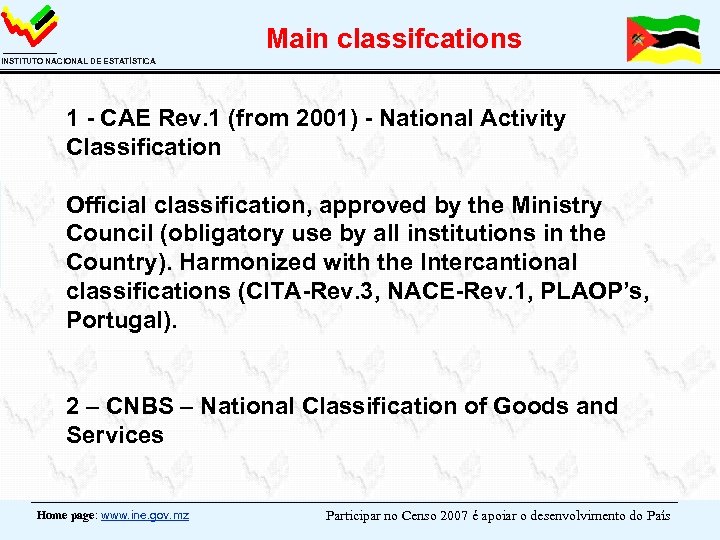 Main classifcations INSTITUTO NACIONAL DE ESTATÍSTICA 1 - CAE Rev. 1 (from 2001) -