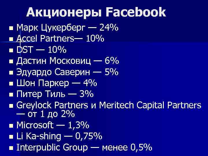 Акционеры Facebook Марк Цукерберг — 24% n Accel Partners— 10% n DST — 10%