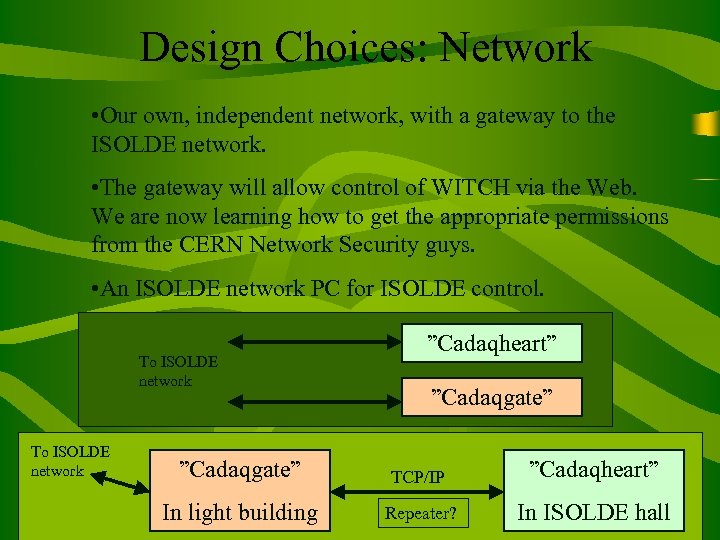 Design Choices: Network • Our own, independent network, with a gateway to the ISOLDE