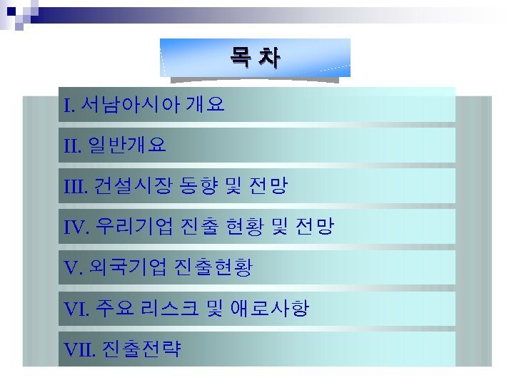 목차 I. 서남아시아 개요 II. 일반개요 III. 건설시장 동향 및 전망 IV. 우리기업 진출