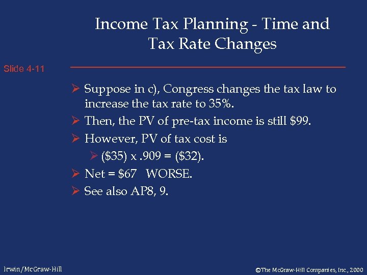 Income Tax Planning - Time and Tax Rate Changes Slide 4 -11 Ø Suppose