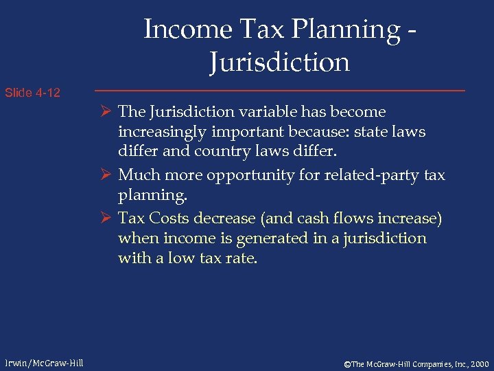 Income Tax Planning Jurisdiction Slide 4 -12 Ø The Jurisdiction variable has become increasingly