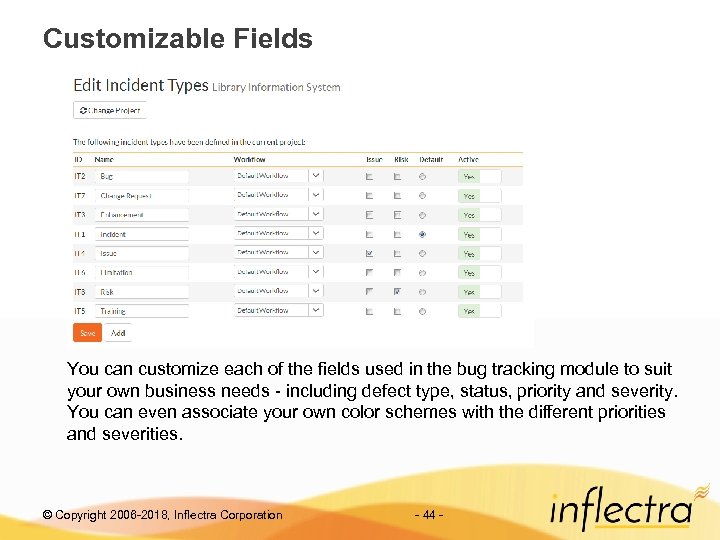 Customizable Fields You can customize each of the fields used in the bug tracking