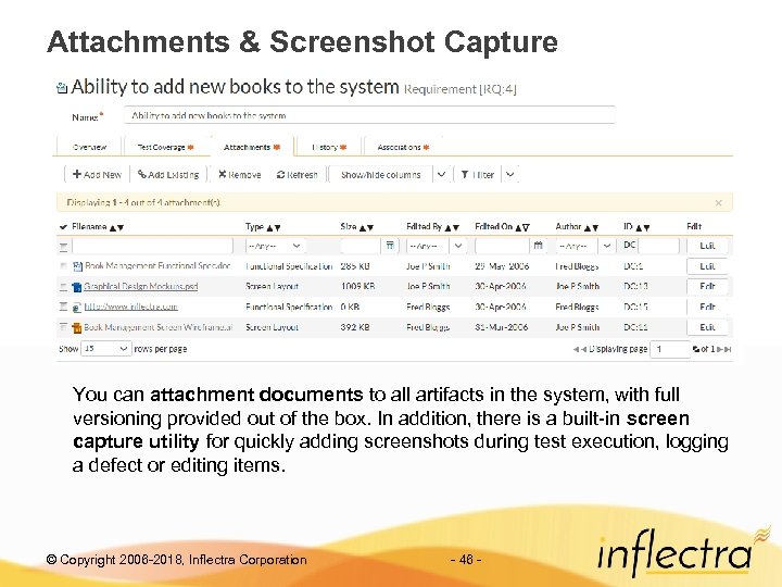 Attachments & Screenshot Capture You can attachment documents to all artifacts in the system,