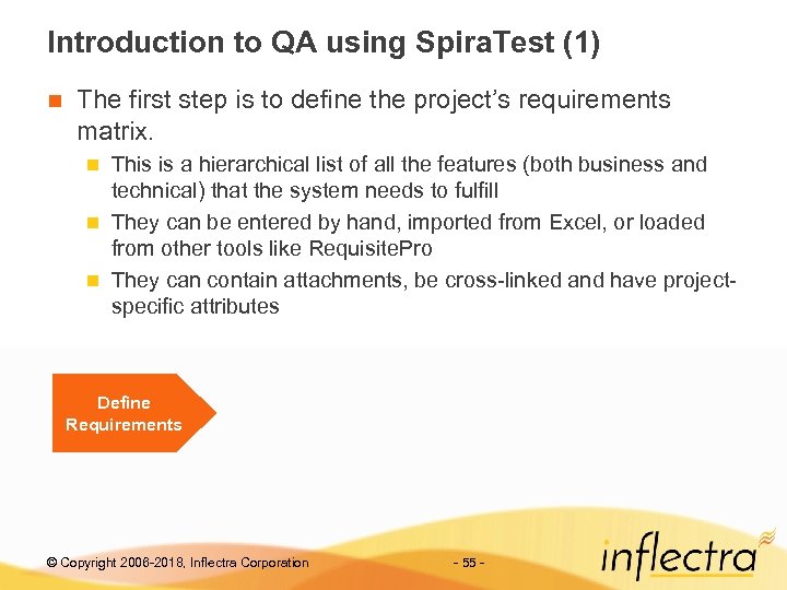 Introduction to QA using Spira. Test (1) n The first step is to define