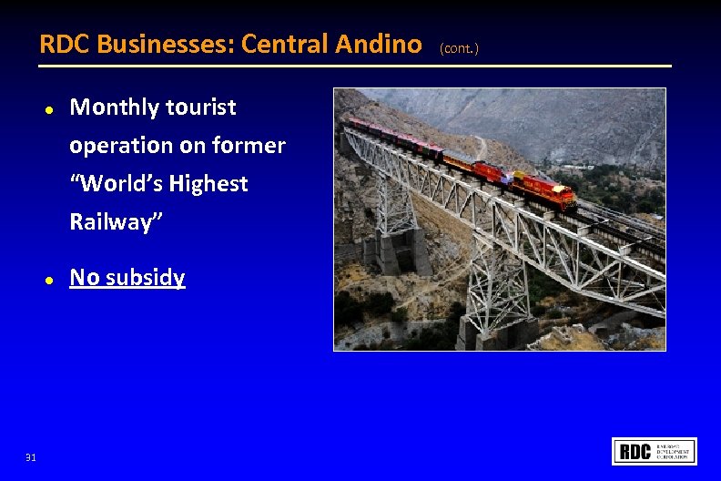 RDC Businesses: Central Andino l Monthly tourist operation on former “World’s Highest Railway” l