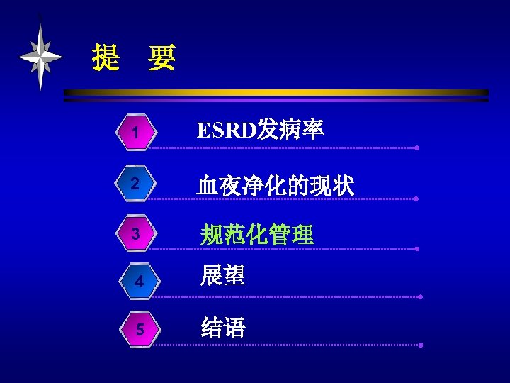 提 要 1 ESRD发病率 2 血夜净化的现状 3 规范化管理 4 展望 5 结语 