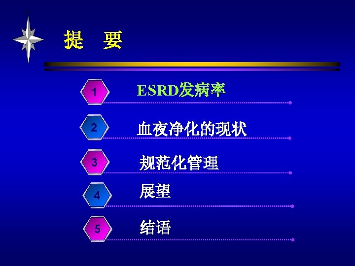 提 要 1 ESRD发病率 2 血夜净化的现状 3 规范化管理 4 展望 5 结语 