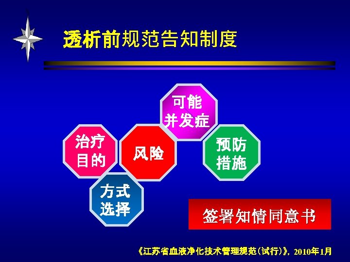 透析前规范告知制度 可能 并发症 治疗 目的 方式 选择 风险 预防 措施 签署知情同意书 《江苏省血液净化技术管理规范（试行）》，2010年 1月 