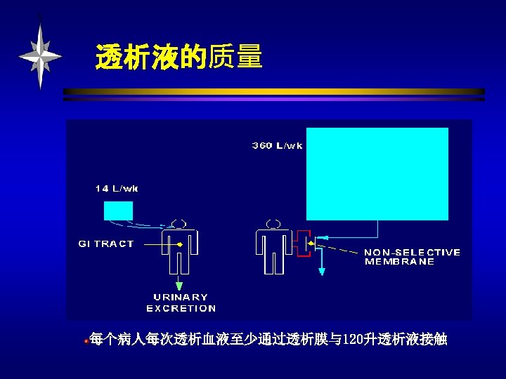透析液的质量 每个病人每次透析血液至少通过透析膜与120升透析液接触 