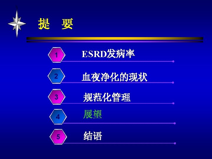 提 要 1 ESRD发病率 2 血夜净化的现状 3 规范化管理 4 展望 5 结语 