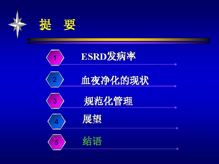 提 要 1 ESRD发病率 2 血夜净化的现状 3 规范化管理 4 展望 5 结语 