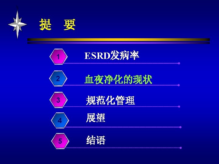 提 要 1 ESRD发病率 2 血夜净化的现状 3 规范化管理 4 展望 5 结语 