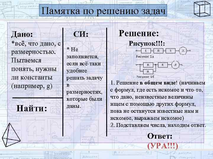 Памятка по решению задач Дано: *всё, что дано, с размерностью. Пытаемся понять, нужны ли