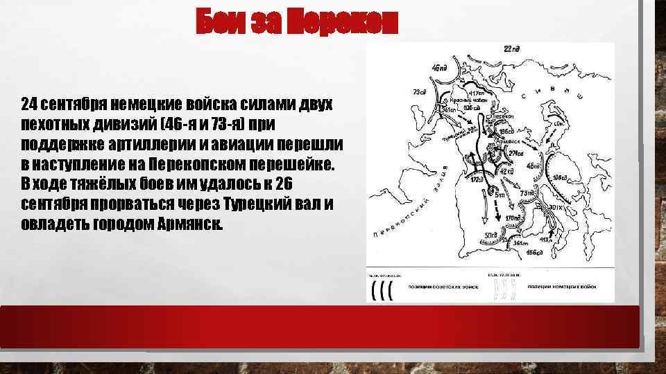 Бои за Перекоп 24 сентября немецкие войска силами двух пехотных дивизий (46 -я и